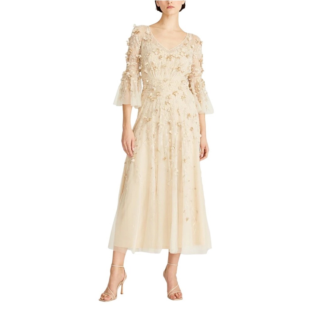 Theia Zolene Floral Applique Tulle Midi Dress Champagne Nude Size 4 NWOT